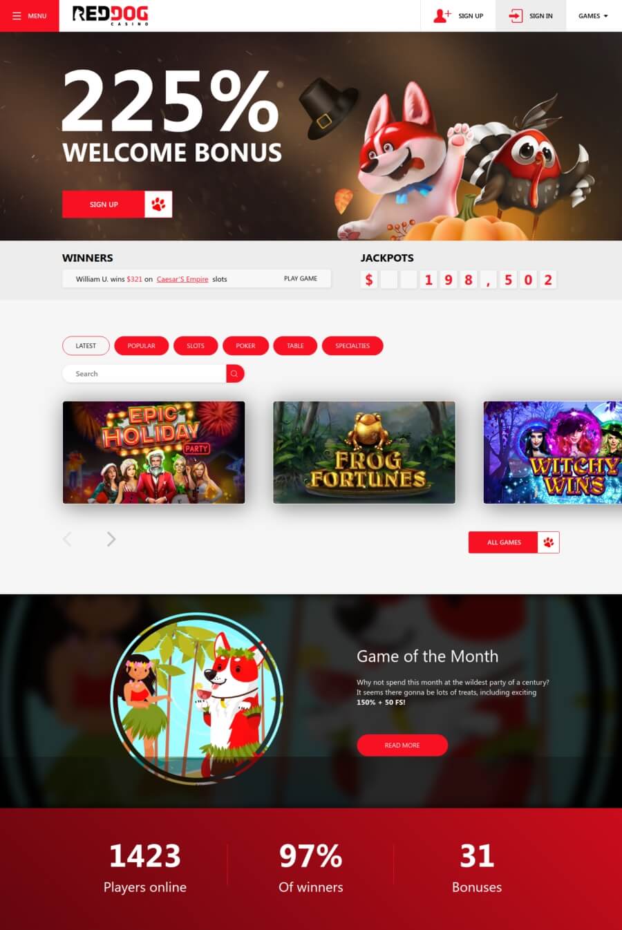Red Dog Online Casino Play with 225% Welcome Bonus
