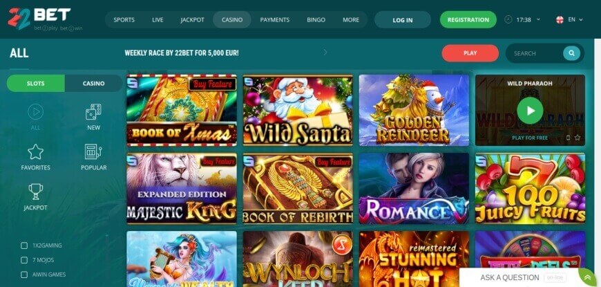 22Bet Play slots for money or for free