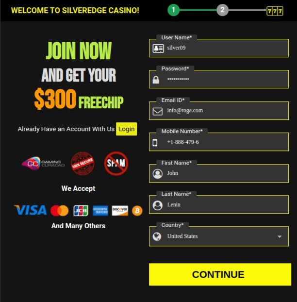 Register your account at Silveredge Casino - Step 1