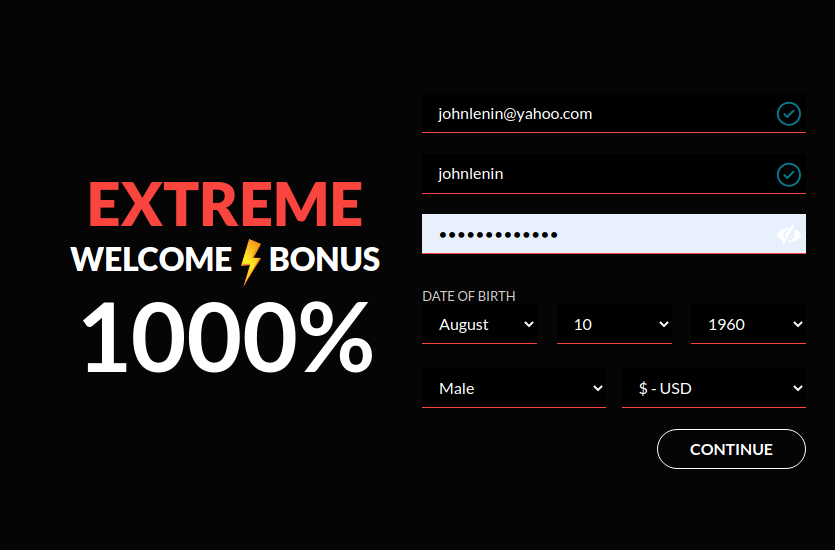 Register your account at Casino Extreme - Step 1