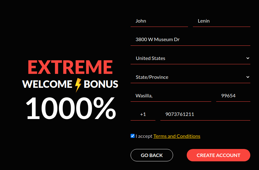 Register your account at Casino Extreme - Step 2